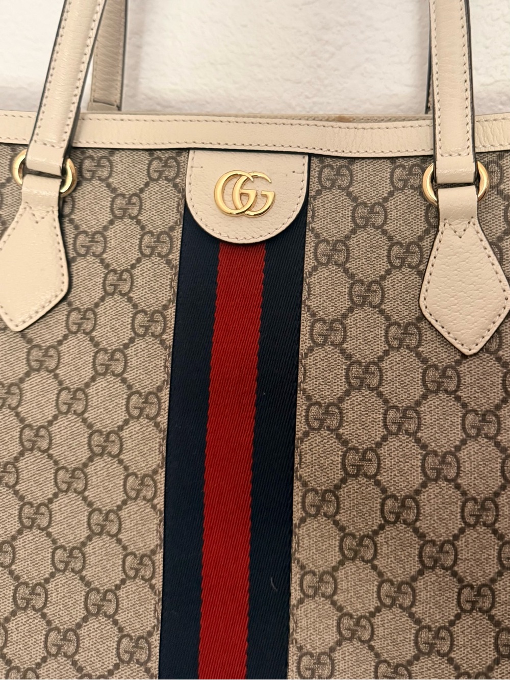 Gucci Ophidia GG Supreme Medium Web Tote Beige Canvas Ivory Leather Authentic - Picture 7 of 13